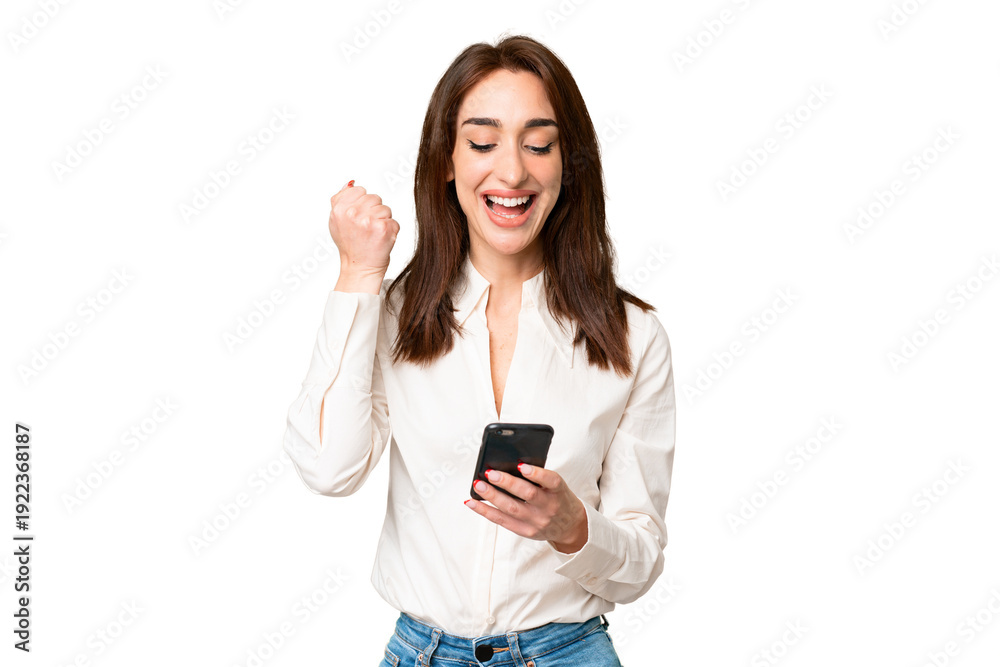 Fototapeta premium Young caucasian woman over isolated chroma key background surprised and sending a message
