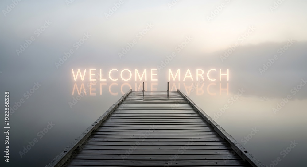 Fototapeta premium Wooden Dock Extending into Foggy Lake at Dawn or Dusk with Soft Light