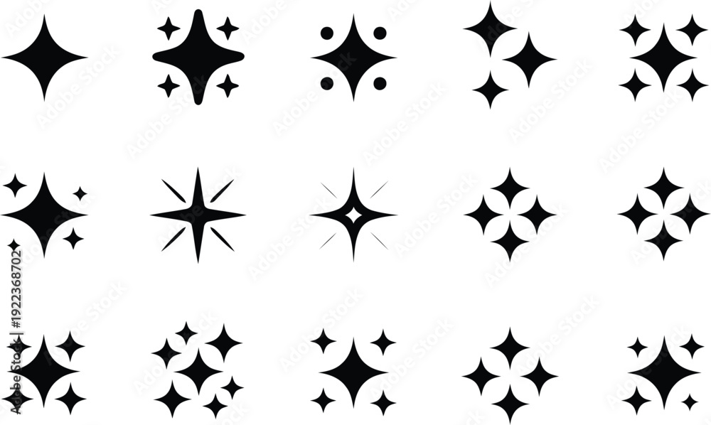 Fototapeta premium A comprehensive collection of fifteen distinct black sparkle and glitter icons arranged on a white backdrop
