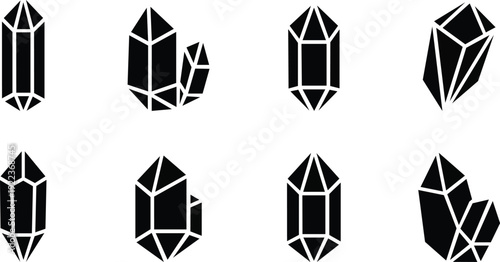 A Collection of Stylized Black Geometric Crystal Icons Representing Natural Minerals and Gems