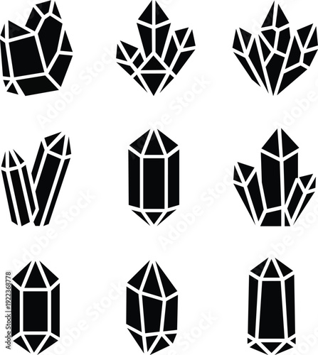 Collection of nine simple black geometric crystal icons with faceted designs isolated on transparent background