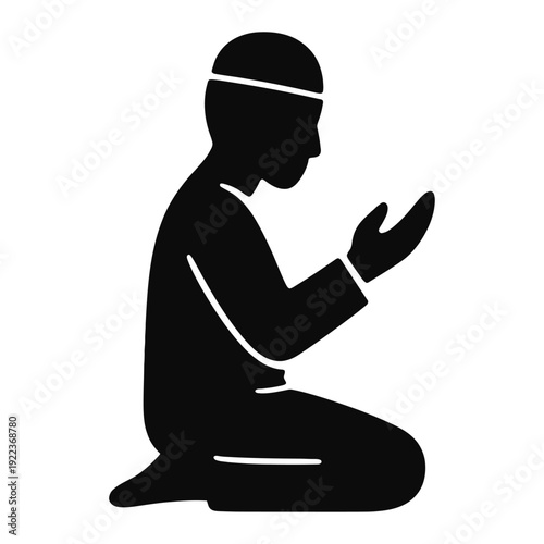 A silhouette of a man in prayer on a black background