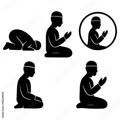 A Muslim man in various prayer positions on a black background