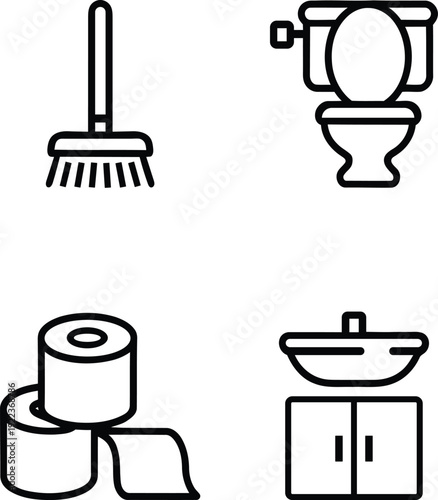 Collection of minimalist line art icons representing bathroom fixtures and cleaning supplies isolated on white