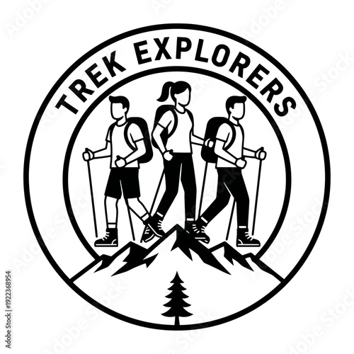 A group of friends hiking together in a scenic outdoor setting with mountains and trees