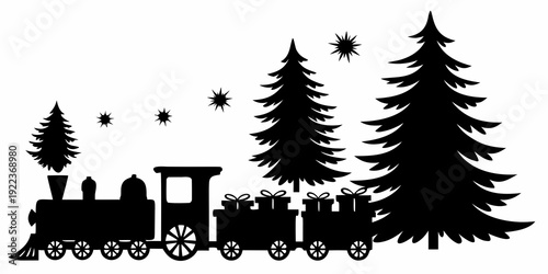 Christmas Holiday Steam Train: Festive Locomotive With Gifts And Pine Trees Silhouette