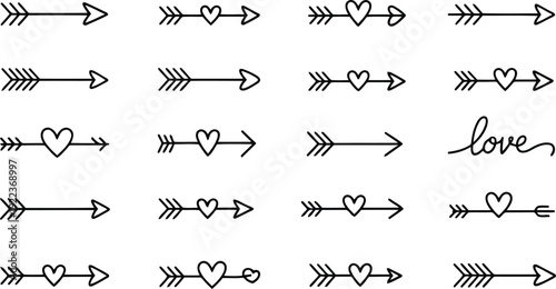 A delightful collection of black outline arrows featuring charming hearts and elegant love script on a white surface