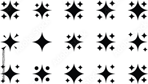 A diverse assortment of black sparkle and shine visual symbols against an immaculate white setting