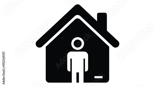 A person standing inside a house with a chimney isolated on white background, Vector