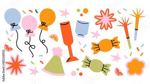 Happy Birthday stickers in retro 90s cartoon style. Groovy shapes with cakes, sweets and cute animals. Bright vector patches for party events.