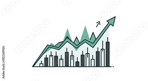 Hand-drawn financial stock market chart with a green upward trending arrow showing growth.