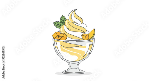 Delicious Yellow Swirl Ice Cream Sundae with Mango and Mint.
