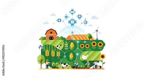 Smart Farming and Agriculture Technology (AgriTech) Concept. IoT Network connecting farmers, livestock, and crops for data analysis, sustainability, and automated precision agriculture.