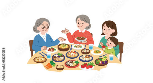 Multi-Generational Family Dinner Illustration. Happy Grandmothers, Mother, and Child Eating Delicious Food Together on White Background.