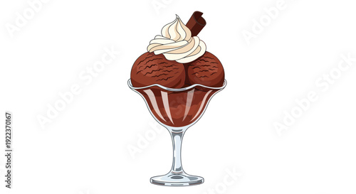 Delicious Chocolate Ice Cream Sundae with Whipped Cream and Chocolate Stick.
