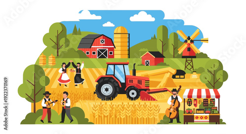 Farm Harvest Festival Illustration with Tractor, Folk Music, and Market Stall. Agricultural Celebration and Rural Life Vector.