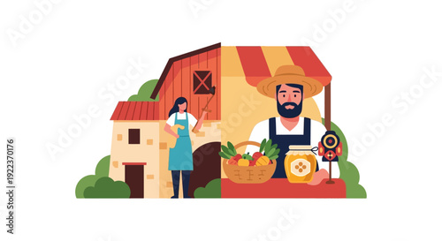 Local Farmers Market Stand with Organic Produce, Honey, and Farm Couple Working. Flat Agriculture Business Illustration.