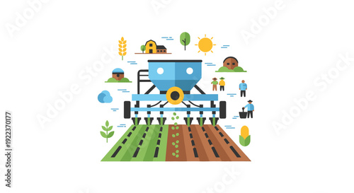 AgriTech Seeding Machine Planting Crops. Flat Design Farming Technology Vector Illustration with Farmers and Barn