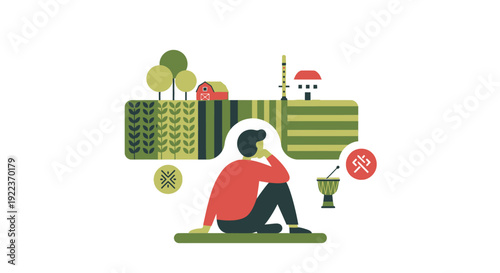 Person Contemplating Simple Rural Life, Nature, Farming, and Creativity. Flat Vector Illustration.