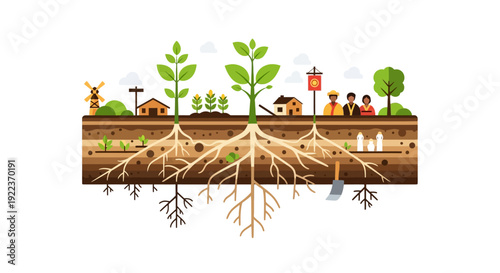 Agricultural Soil Cross Section Diagram: Deep Plant Roots, Earth Layers, Farming Landscape, Growth, and Sustainability Flat Vector Illustration