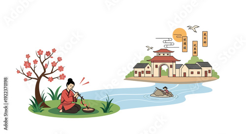 Classical Chinese Pastoral Scene: Woman Playing Flute by River, Blossom Tree, and Ancient Village Gate Vector Illustration