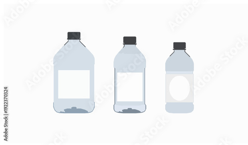 Plastic beverage bottle vector collection with transparent gallon container and blank label design isolated on white