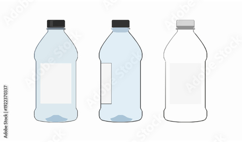 Clear plastic gallon bottle vector set with blank label packaging mockup isolated on white background