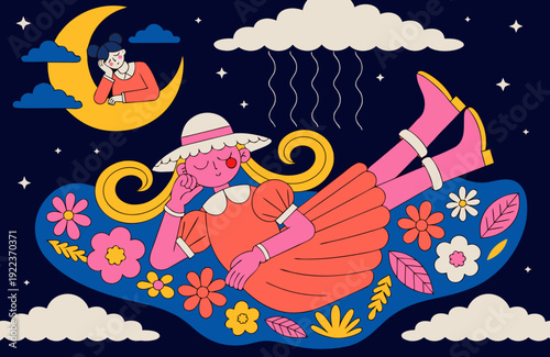 Dreamy night lofi girl resting on crescent moon surreal woman in vintage dress napping above floral lake whimsical 2D cartoon flat illustration