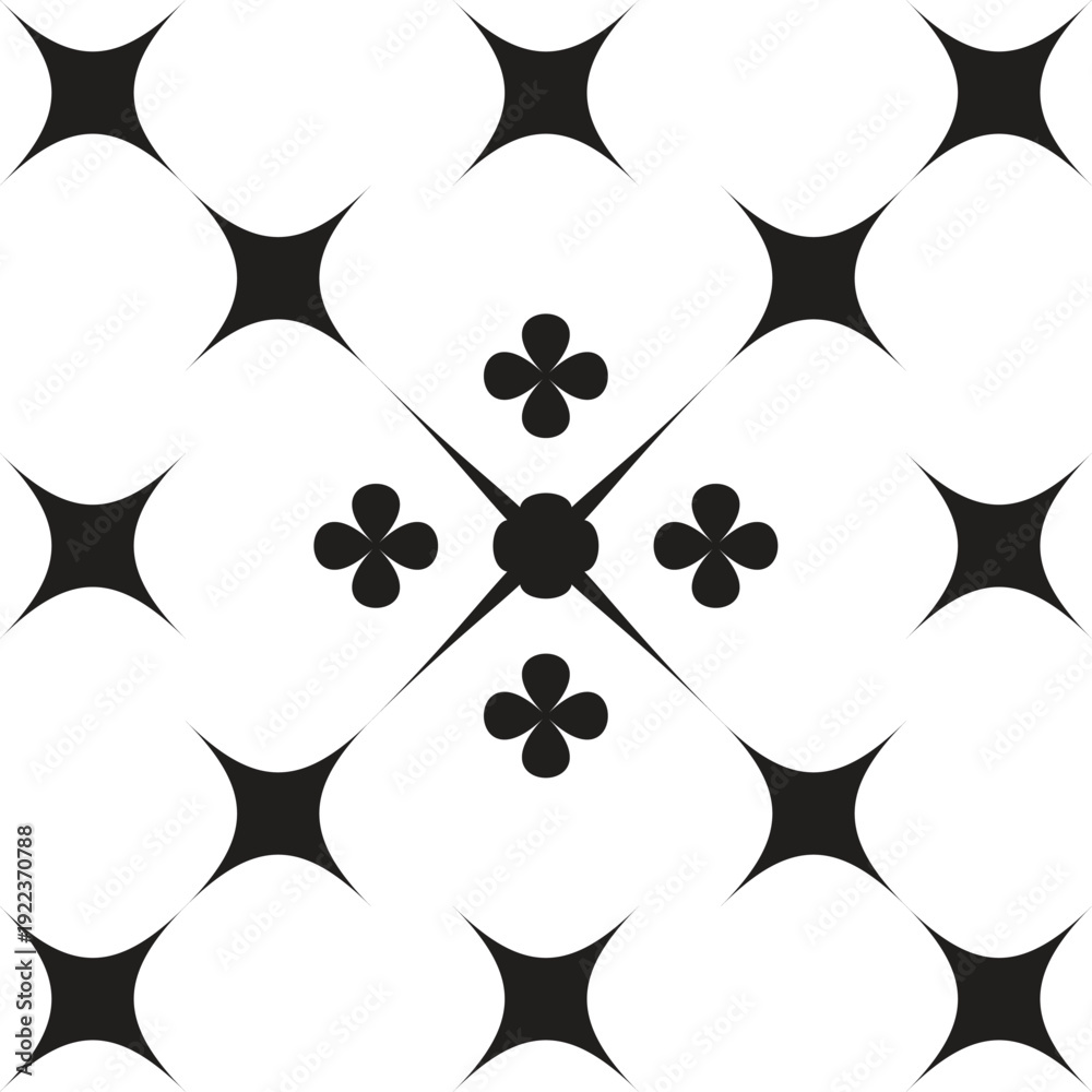 Fototapeta premium Black and white geometric tile pattern featuring symmetrical star shapes and small floral ornaments, ideal for wallpaper, textile prints, backgrounds, or decorative design projects seeking a classic o