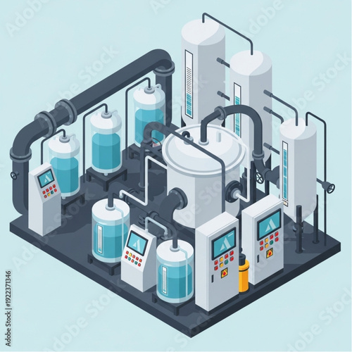 Isometric illustration of industrial water treatment plant equipment.