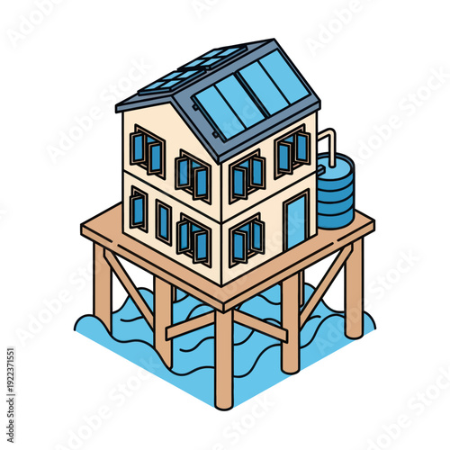 Stilt House with Water Tank and Solar Panels.