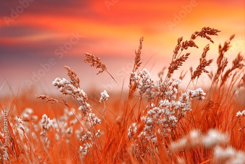 Scenic landscape featuring grasses and flowers bathed in golden sunset light with vibrant hues of orange and pink, creating a serene and inviting ambiance of natural beauty
