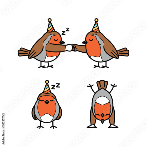 Cartoon birds sleeping with party hats on a white background