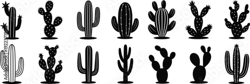 Set of black cactus silhouette icons, different desert plant shapes in minimal style, vector illustration collection for decoration, botanical design, nature themed artwork