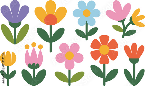 A lovely collection of ten vibrantly colored cartoon flowers featuring various shapes and hues