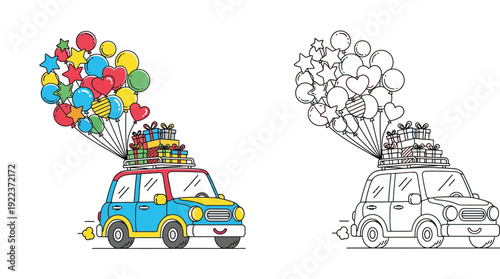 Cute cartoon car carrying gift boxes and balloons on roof rack. Color and black and white outline version for coloring book. Birthday party celebration vector illustration.
