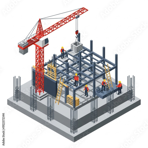 Construction site with crane and workers building a steel structure.
