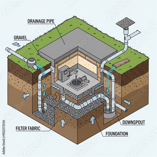Detailed Diagram of a French Drain System with Labeled Components.