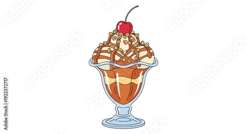 Delicious Ice Cream Sundae with Cherry and Caramel Topping Illustration.
