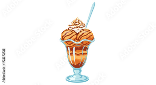 Illustrated caramel ice cream sundae with chocolate drizzle and whipped cream in a glass.
