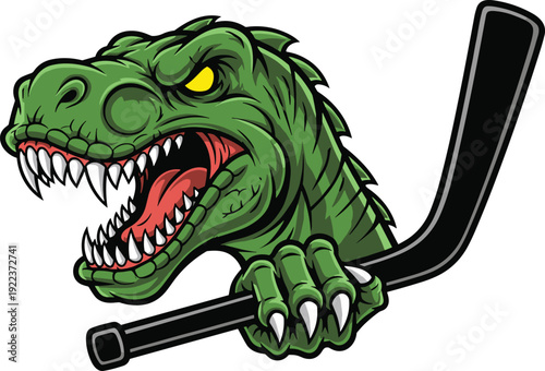 Aggressive T rex dinosaur mascot gripping hockey stick, fierce sports team logo illustration isolated on white background