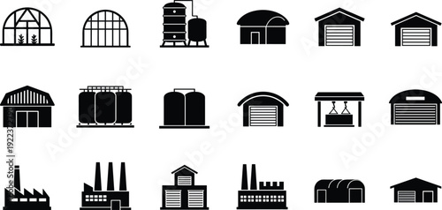 Set of black factory and warehouse icons, including greenhouses, storage tanks, industrial buildings, warehouses, and manufacturing plants vector illustration
