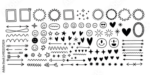 Black and white doodle and symbols smiley faces hearts in white background
