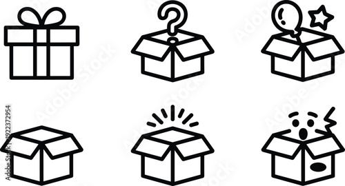 Box and surprise silhouette illustration featuring gift box, mystery box, celebration icons, and expressive designs symbolizing packaging, excitement, creativity, and decorative graphic assets