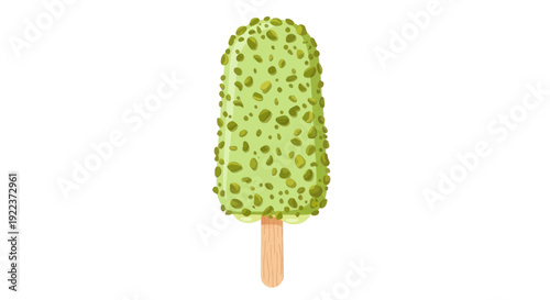 Green Ice Cream Bar with Textured Coating on a Wooden Stick.