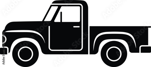 Black silhouette pickup truck side view icon isolated on white background, classic cargo vehicle transportation symbol vector illustration