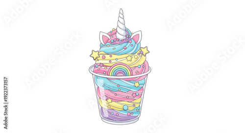 Whimsical Unicorn Ice Cream Sundae with Swirled Frosting and Edible Decorations.