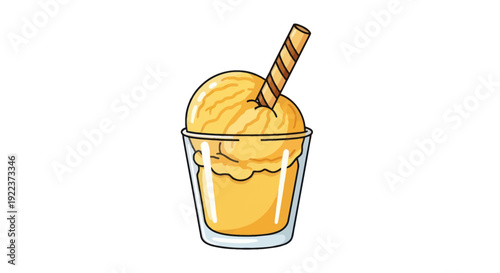 A refreshing scoop of yellow ice cream in a clear glass with a wafer stick.