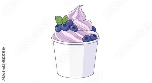 Delicious Blueberry Frozen Yogurt Swirl in White Cup with Mint Leaves.