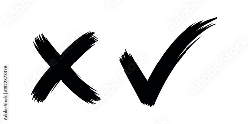 Black brush stroke checkmark and x on white background